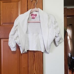 Girls White Open Front Cropped Ribbed Woven Cardigan M 10/12